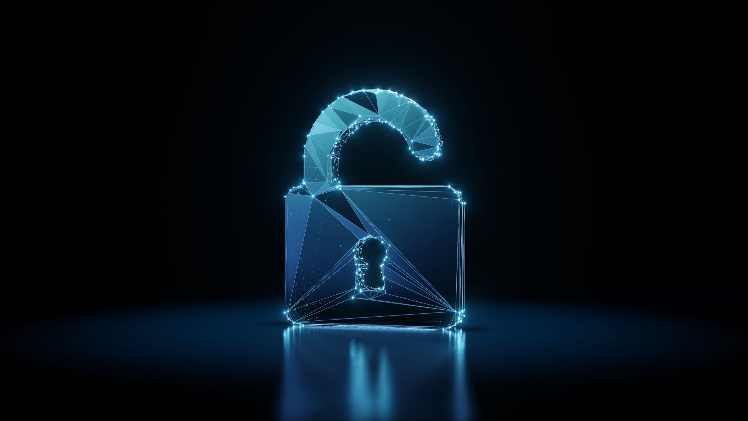 3d rendering wireframe neon glowing symbol of padlock on black b