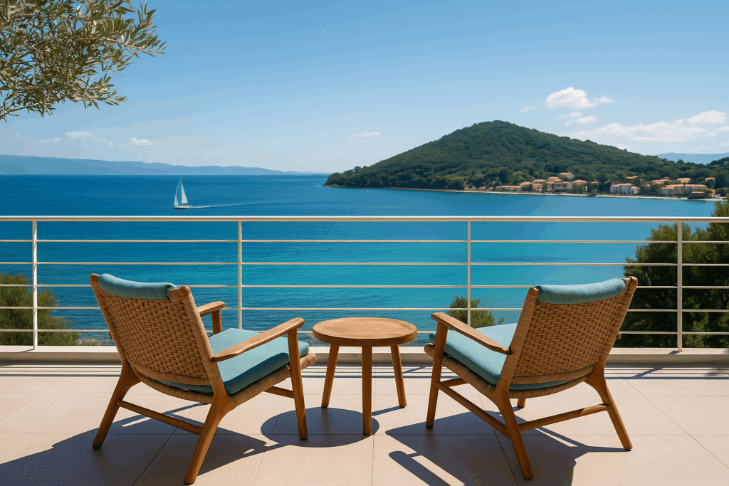 Terrase avec deux chaise, vue mer