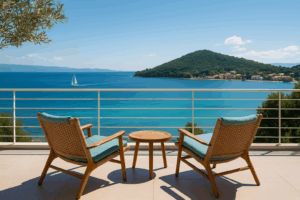 Terrase avec deux chaise, vue mer